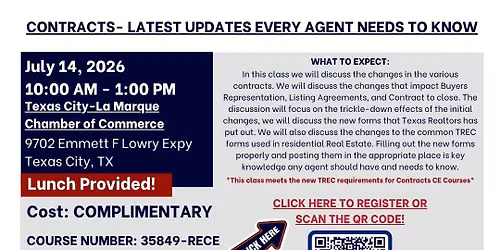 In Person \u2013 COMPLIMENTARY \u2013 Contracts- Latest Updates Every Agent Needs to Know \u2013 July 14, 2026