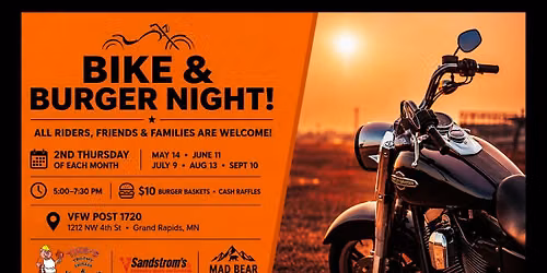 Bike & Burger Night! All riders welcomed. 2nd Thursday of each month