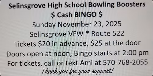 Cash Bingo for Selinsgrove High Bowling Booster