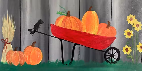 Pumpkins in a wheelbarrow paint and sip