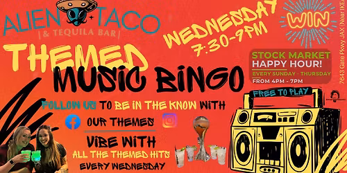 \ud83d\udc49 Themed Music Bingo | Free to Play | Every Wednesday at Alien Taco