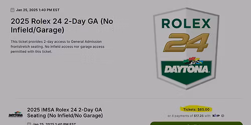 Parking 2026 Daytona IMSA Rolex 24 Admission 4-day