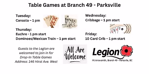 Drop-In Table Games at Branch 49 - Parksville Legion
