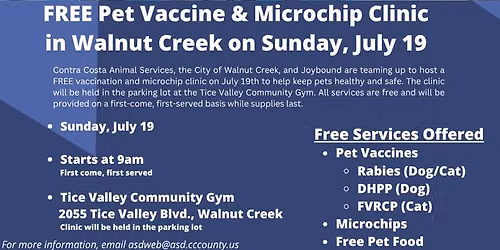 Free Pet Vaccination & Microchip Clinic in Walnut Creek