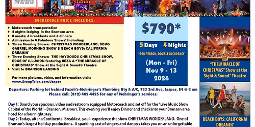 Jasper Indiana Travelers Xmas Branson Extravaganza Show Trip Nov 9-13, 2026.