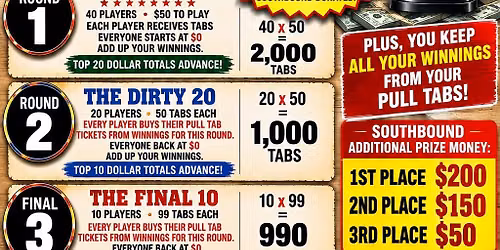 $3290 in Payouts at Southbound Wednesday 40 Spots Pull Tab Tournament