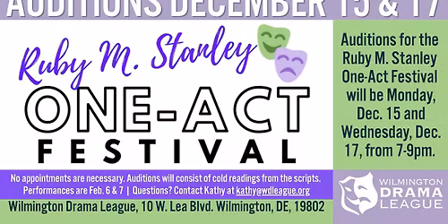 Ruby Stanley One Act Festival Auditions at Wilmington Drama League
