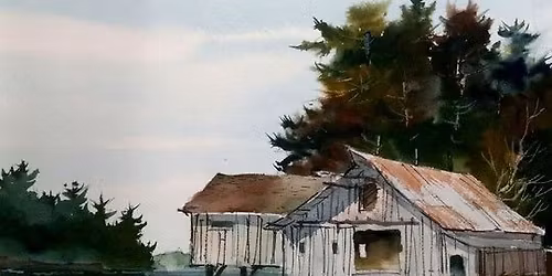 Watercolor Barn By the Lake