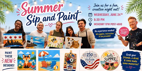 Pre-Drawn SIP & Paint Experience at McHenry VFW | 80+ Designs Including Paint Your Pet 6\/24\/26