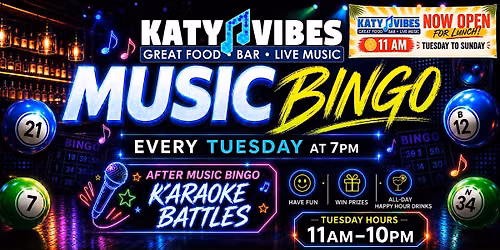 Music Bingo Tuesdays at Katy Vibes!