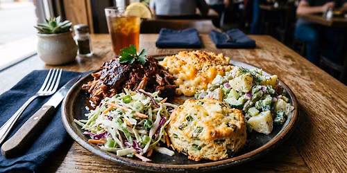 Cork 'N' Fork - BBQ Pulled Pork with Mac & scallion Biscuit With Mac and Cheese & Potato Salad
