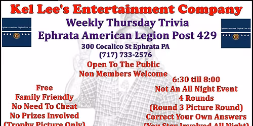 Kel Lee's Entertainment Weekly Thursday Trivia at The Ephrata Legion