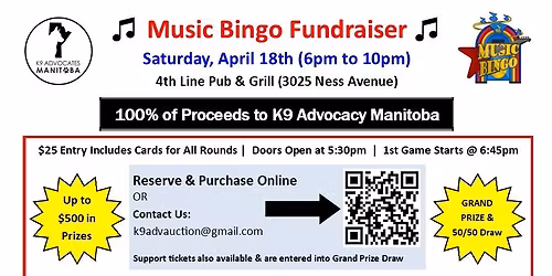 Music Bingo Fundraiser in support of K9 Advocacy Manitoba