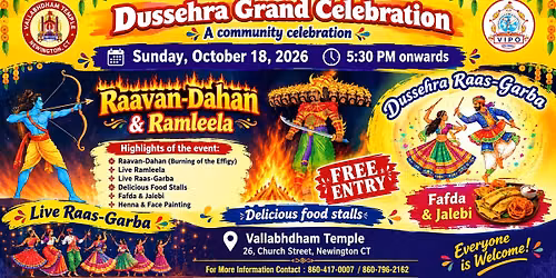 Join us for a spectacular traditional Dussehra celebration Live Raavan Dahan, Ramleela, Raas-Garba, 