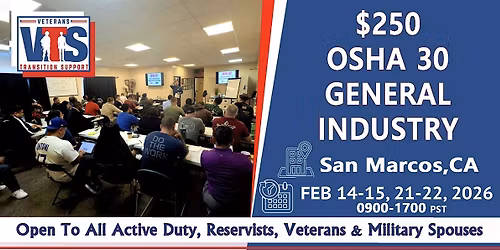 $250 OSHA 30 Hr.  General  Safety Live Instruction 02\/14-15 & 21-22 2026