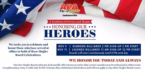 Jacksonville APA Pre-Veteran\u2019s Day Singles Board Celebration @ Diamond Billiards