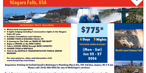 Jasper Indiana Travelers Niagara Falls USA Diamond Tours bus trip June 22-27, 2026 
