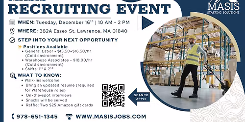 Recruiting Event - Lawrence, MA - Tuesday, Dec. 16th | 10AM - 2PM