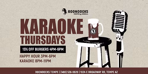 Thursdays: Karaoke (8PM) & 15% Off Burgers (4-6PM) at Boondocks Patio & Grill Tempe
