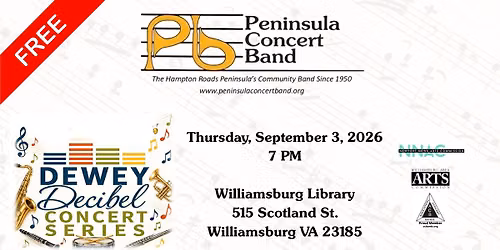 PCB @ Williamsburg Library on Sept 3, 7 PM (FREE Concert)