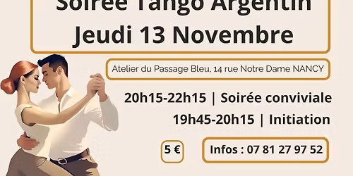 Soire\u0301e tango Argentin : 13 Novembre 19h45 - 22h15