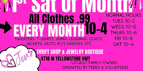 First Saturday = 99\u00a2 Clothes at Jen\u2019s Thrift Shop! 