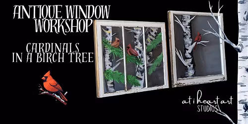 Cardinals in a Birch Tree Antique Window Workshop