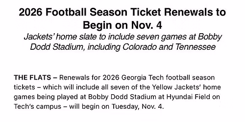 2026 Georgia Tech Yellow Jackets Football Season Tickets (Includes Tickets To All Regular Season Home Games)