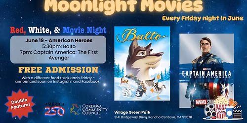 Moonlight Movies - June 19 \u00b7 American Heroes (Balto \/ Captain America: The First Avenger)