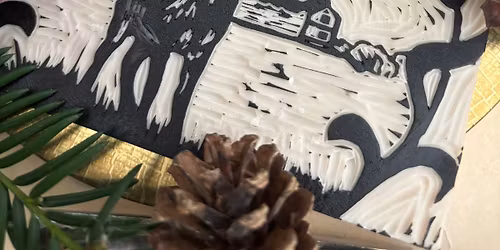 Linocut seasonal greetings cards, with lunch