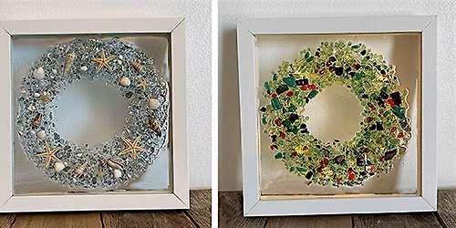 YOUR CHOICE Crushed Glass & Resin Beach or Christmas Wreath Art Class