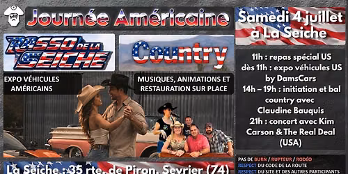 4 juillet : journ\u00e9e am\u00e9ricaine, rasso v\u00e9hicules us & C.Bauquis (Country), Kim Carson (Americana)