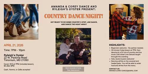 Country Dance Night with Amanda & Corey at Ryleigh's Oyster, Timonium!!