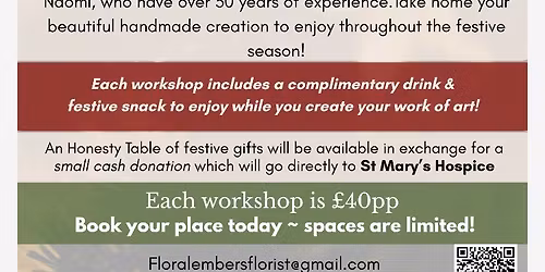 Wreath & Table Arrangement Workshops 10th December 2025 RowHeath Pavilion Bournville B30 1HH