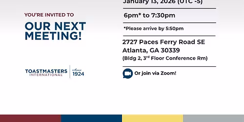 Toastmasters Meeting, In Person (or Zoom)