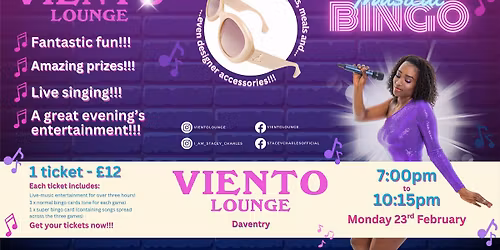 Midweek Musical Bingo at Viento Lounge (Daventry) - Monday 23rd February 7pm