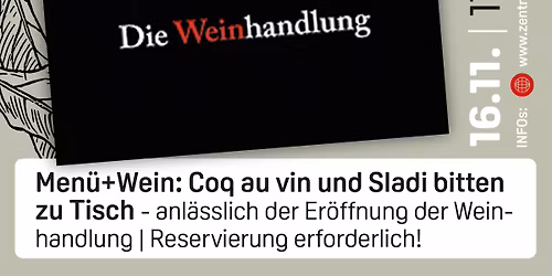 Men\u00fc zur Er\u00f6ffnung des neuen Ladengesch\u00e4fts der Weinhandlung Coq au Vin