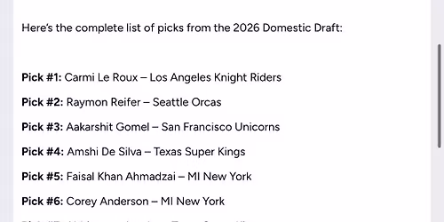 Major League Cricket: MI New York vs. Texas Super Kings & San Francisco Unicorns vs. Seattle Orcas