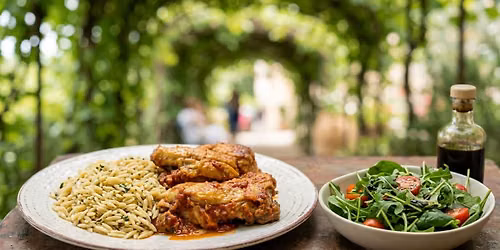 Cork 'N' Fork - Pollo alla Genovese Orzo aglio e olio Summer greens Balsamic vinaigrette