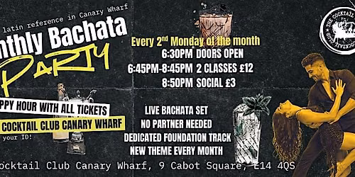 Monthly Bachata Party Night in Canary Wharf \u2013 Classes + Social + Happy Hour