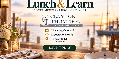 Join Clayton Thompson at The Schooner - Thursday, October 8th for a Free Lunch & Learn!