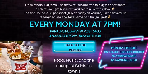 Soundcheck Music Bingo @ VFW POST 5408 & Parker\u2019s Pub