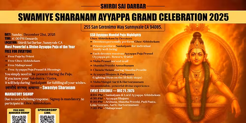 \ud83d\udd36 GRAND LORD AYYAPPA PUJA \u2014 DEC 21ST, SUNDAY 2025.