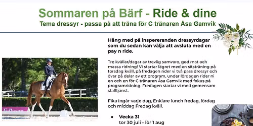 Ridl\u00e4ger p\u00e5 B\u00c4RF - Ride n Dine med tema dressyr