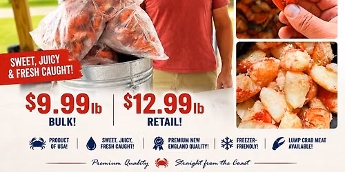 $9.99lb & $12.99lb! Atlantic Red Crab Claw Sale! IN PERSON ONLY! VB Farmers Market, 8am-2pm!
