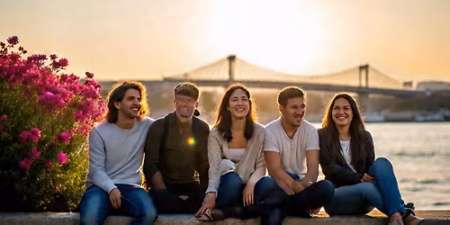 Strangers meet \/ walk on river front