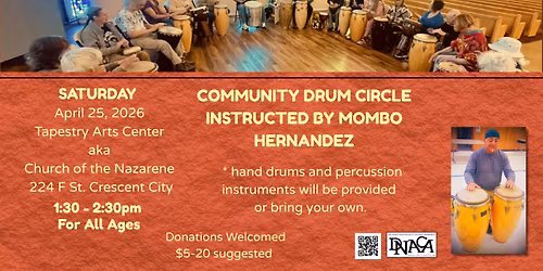 Community drum circle instructed by Mombo Hernandez