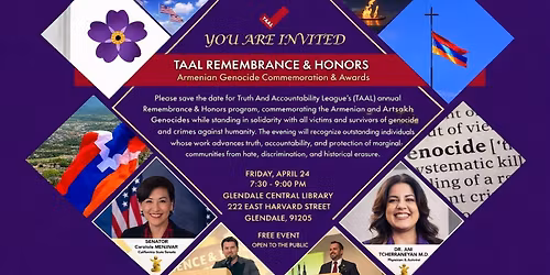 TAAL Remembrance & Honors: Armenian Genocide Commemoration & Awards