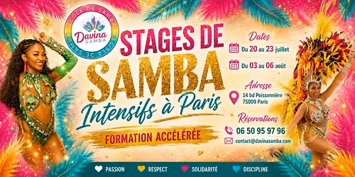 Stage de Samba formation acc\u00e9l\u00e9r\u00e9e \u00e0 Paris juillet ao\u00fbt \u00e0 l'\u00e9cole Davina Samba