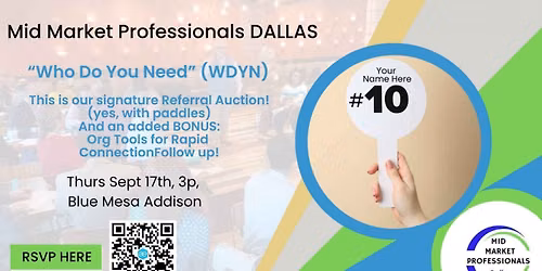 Mid Market Professionals DALLAS Sept event WHO Do You Need plus contact org tactics